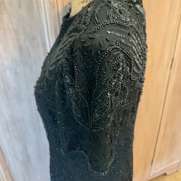 Vintage Adriana Papel evening black beaded sequin silk midi dress cocktail sz 8 - Picture 14 of 16